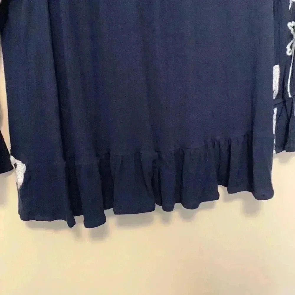 Forgotten Grace light and airy navy blue boho off the shoulders top w em… - Picture 8 of 12